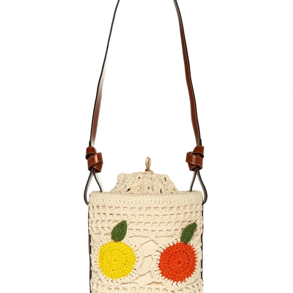 STAUD Cream Crochet Bucket Crossbody with Yellow and Red Fruit Motifs - Picture 11 of 12